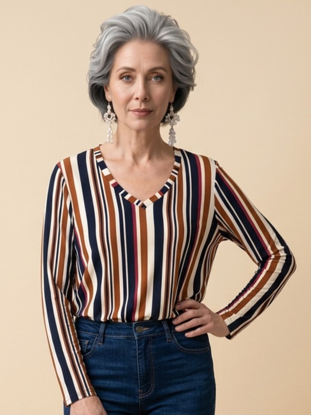 Lildy Multicolor Striped Knit V-Neck Long Sleeve Tunic Top L-XL Polyester